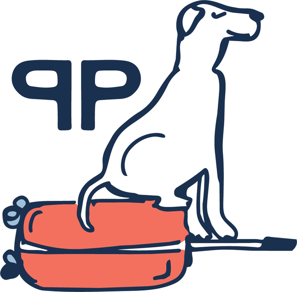 Pawsport illustration icon: Moose on his suitcase beside the PP monogram