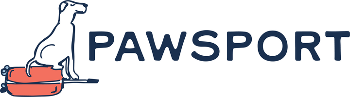 Pawsport logo: Moose the dog sitting on a coral suitcase, next to the Pawsport wordmark